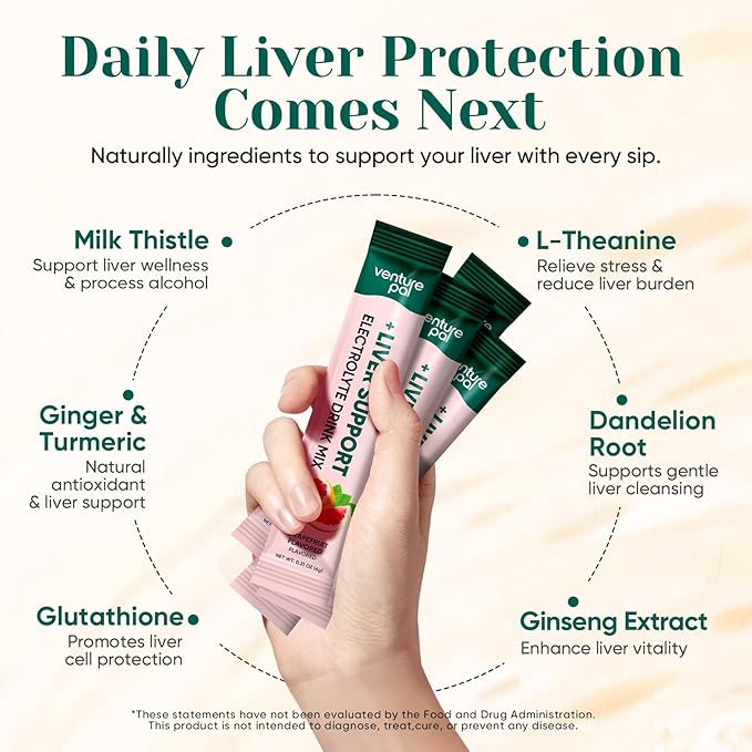 Venture Pal Hydration Packets + Liver Support- Liquid Daily IV Electrolyte Powder Packets with 7 Electrolytes & 5 Vitamins, Milk Thistle + L-Theanine | Sugar-Free | Keto Friendly | Vegan, 16 Sticks