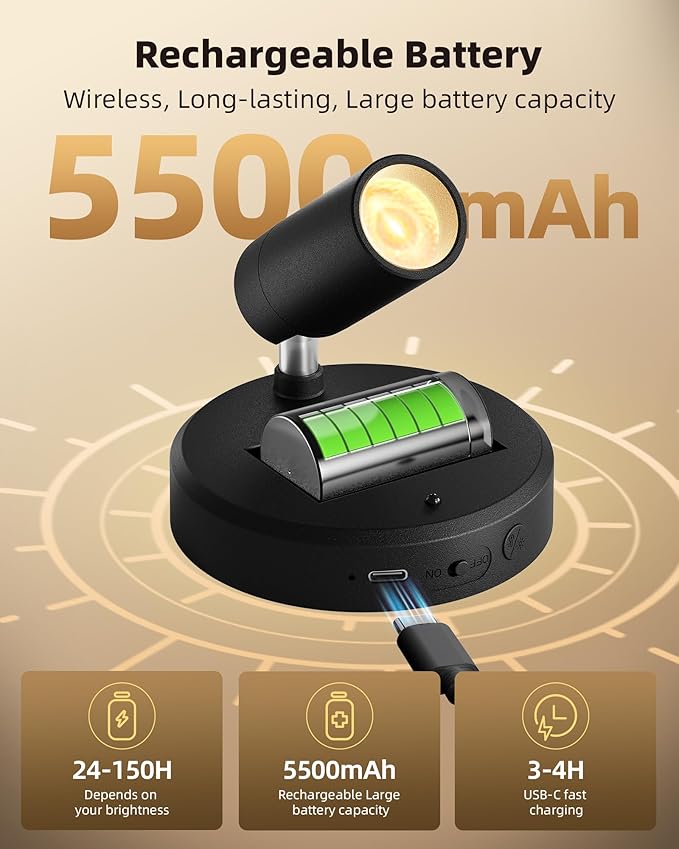 EZVALO Spotlights Indoor with Remote, 5500mAh Rechargeable Picture Lights, Wireless Uplights with Timer & Dimmable, 3-CCT, Display Lights for Plant, Painting, Artwork, Accent Lighting (2-Pack Black)