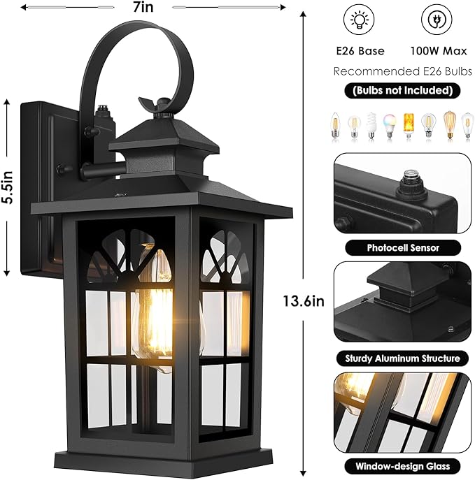 2-Pack Dusk to Dawn Outdoor Wall Light Fixtures, Aluminum Exterior Lighting Fixtures Wall Mount, Waterproof Porch Lights Outdoor Wall Sconces Lanterns, Black Outside Lights for House Front Door Garage