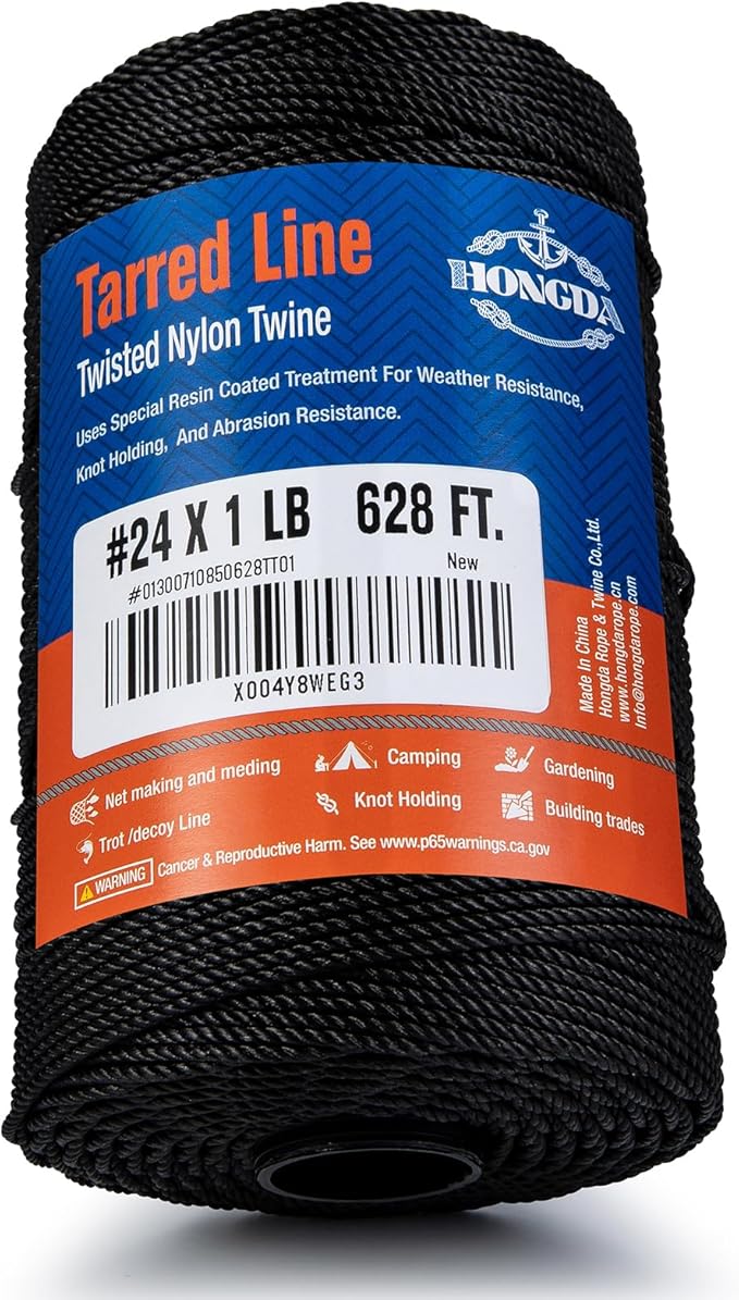 HONGDA Tarred Bank Line Twine, 628 Feet Nylon Twine #24 Bank Line-Black Nylon String, Black Strong Twisted Seine Rope Ideal for Gardening, Construction, Gear Tying, Jungle Survival