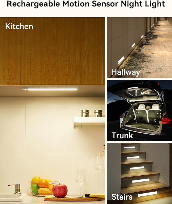 Under Cabinet Lighting 4 Inches Rechargeable Motion Sensor Light Indoor, 3 Color Dimmable Closet Light Battery Operated, USB Stick on LED Magnetic Under Counter Lights for Kitchen Stair, 6 Packs