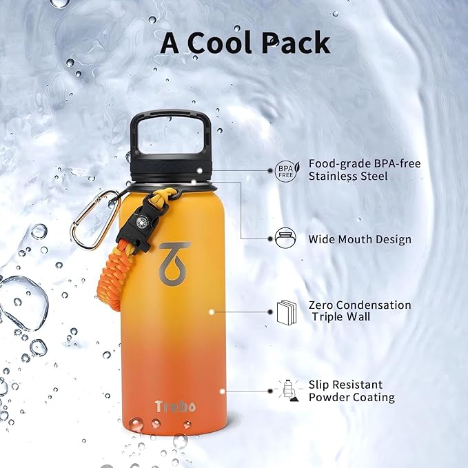 Trebo 32oz Water Bottle Insulated with Lid and Straw,Triple Wall Vacuum Stainless Steel Metal Tumbler Sports Flask with Paracord Handle, Keep Hot 24 Hours & Cold 48 Hours Water Cup with 3 Lids, Orange