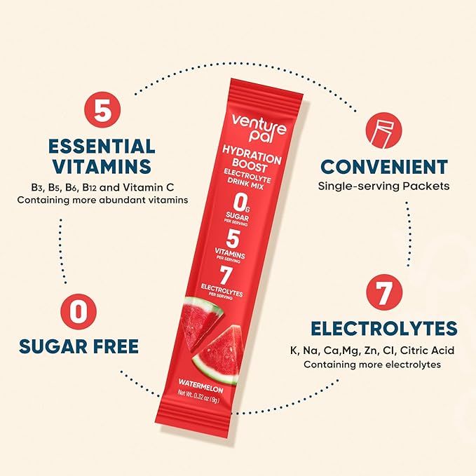 Venture Pal Sugar Free Electrolyte Powder Packets - Liquid Daily IV Hydration Packets for Rapid Rehydration | 7 Electrolytes & 5 Vitamins | Keto Friendly | Non-GMO | Vegan | Fast Dissolve | 16 Sticks