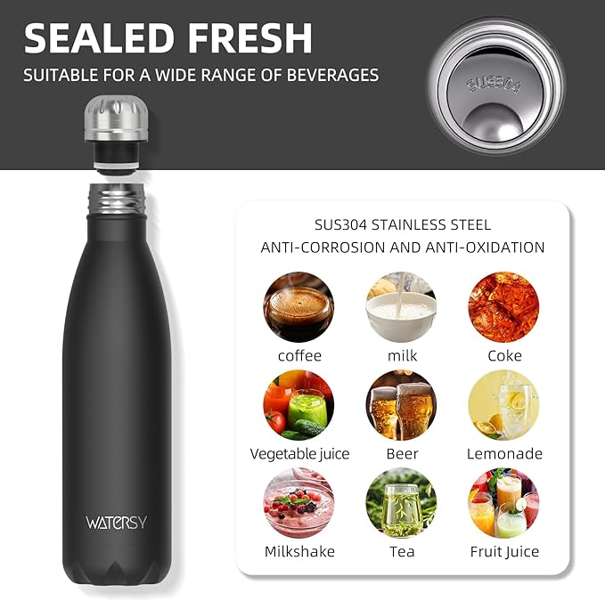 WATERSY Stainless Steel water bottles,17oz/500ml Insulated Water Bottles,Black metal water bottle Keeps Drink Cold and Hot,BPA Free kids water bottles for School,Gym,Travel,Sports