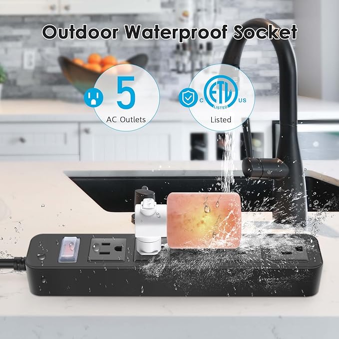Outdoor Power Strip Waterproof with 5 Outlets, Garden Weatherproof Surge Protector, Christmas Multiple Outlet Exterior Socket for Lighting Appliances. 15FT Extension Cord Strip with Flat Plug. Black