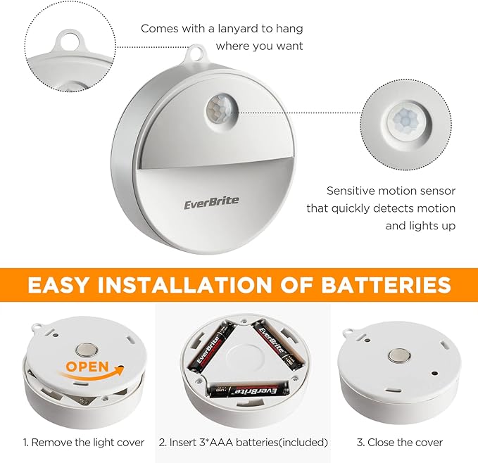 EverBrite LED Motion Sensor Night Light, Automated On & Off, Cool White Motion Activated LED Night Light for Kitchen, Bathroom, Stairs, Bedroom - with 18 AAA Batteries, 6-Pack