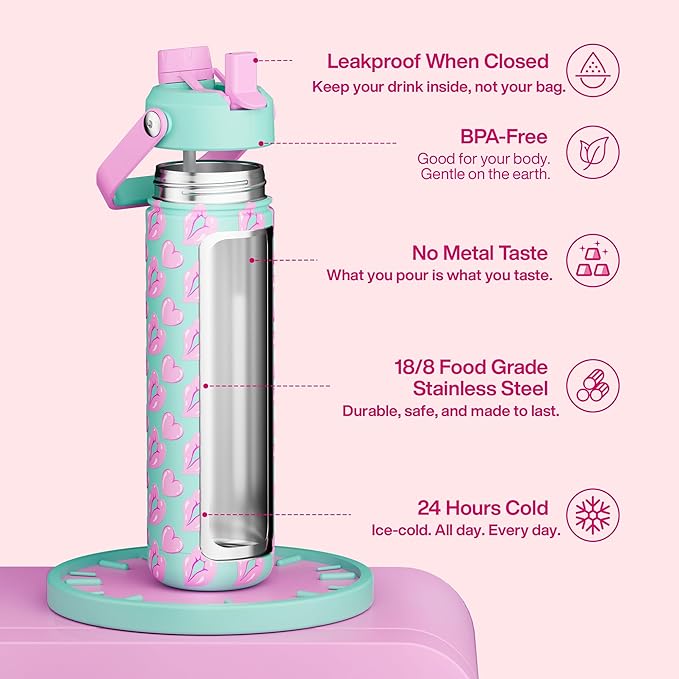 ENCOOL Valentine's Day Insulated Water Bottle with Straw Stainless Steel Water Bottle, Leak-Proof, BPA-Free, Keeps Cold for 24 Hours for Sports, Travel, School (26 oz, Kiss Love Violet x Mint)