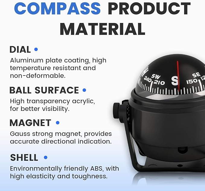 Boat Compass with Magnetic Declination Adjustment, Pivoting Marine Compass Multifunction Digital Navigation Dashboard LED Illumination & Backlight for Marine Boat Truck Car