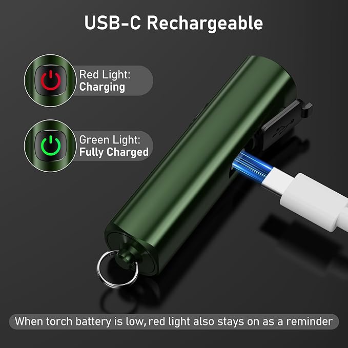Blukar Rechargeable EDC Flashlight, Mini Keychain Flash Light with 3 Lighting Modes, Memory Function, Waterproof, Compact and Portable Pocket Light for Everyday Carry, Emergency,Camping-Dark Green