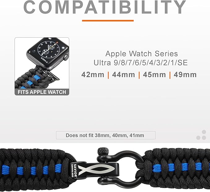 Savior Survival Gear Paracord Watch Band, Compatible with Apple Watch Band 49mm 46mm 45mm 44mm 42mm, iWatch Band Series Ultra 10 9 8 7 6 5 4 3 2 1 SE, Adjustable strap for men ( Black & Blue, X-Large)