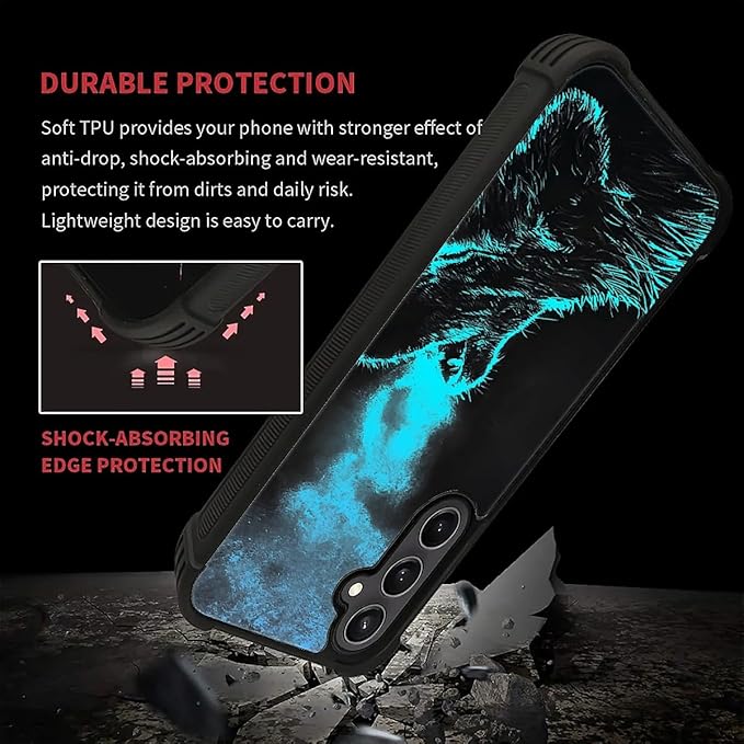 for Samsung Galaxy S23 FE Case, Blue Breathing Wolf Pattern Graphic Design Girl Boy Soft Silicone Hard Acrylic Shock Protection for Samsung Galaxy S23 FE