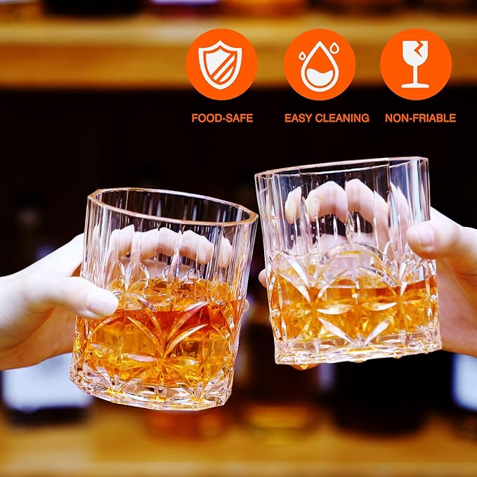 4 Sets Plastic Whiskey Glasses 14 oz Unbreakable Whiskey Drinking Glasses Old Fashioned Cocktail Cups Plastic Water Tumblers Clear Wine Cup Shatterproof Short Tumbler for Indoor Outdoor