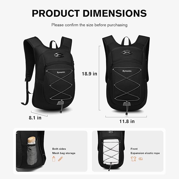 Ultra-Light Soft Daypack 15L/20L, Cushioned Breathable Back Panel Backpack, Lightweight Packable Travel Backpack (Black, 20L)