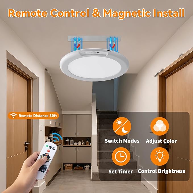 KYEKIO Rechargeable Ceiling Light 2Pack, 3 Color Magnetic Shower Lights with Remote, Wireless Dimmable Closet Light Battery Operated, LED Motion Sensor Lights for Pantry Shed Hallway Porch Stairs