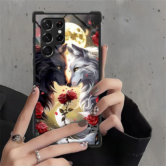 for Samsung Galaxy S22 Ultra Case, Black White Wolf Moon Flower Rose Pattern Graphic Design Girl Boy Soft Silicone Hard Acrylic Shock Protection for Samsung Galaxy S22 Ultra
