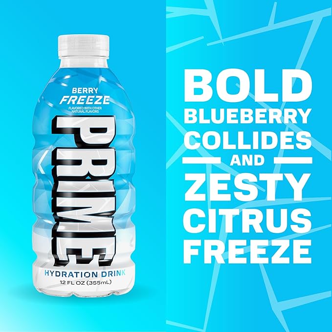 PRIME HYDRATION Variety, Berry Freeze, Cherry Freeze, & Ice Pop Sports Drinks, Electrolyte Enhanced to Replenish Fluids, Zero Added Sugar, B Vitamins, Antioxidants, Natural Flavors, 12 Fl Oz, 15 Pack