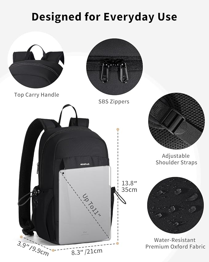 ECOHUB Mini Anti-Theft RFID Backpack for Women and Men, Water-Resistant, Lightweight Travel Daypack with iPad Sleeve, Key Holder, 9 Pockets, Daily Short Trips, Black