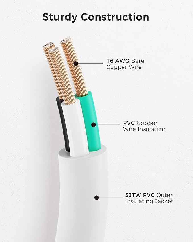 [ETL Listed] Cable Matters 2-Pack 16 AWG Heavy Duty 13A Power Extension Cord - 10ft, 3 Prong Power Cord Extension, NEMA 5-15P to NEMA 5-15R, White