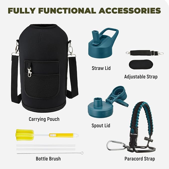 COKTIK 128oz Insulated Water Bottle - Stainless Steel Vacuum Metal, Portable 1 Gallon Large-Capacity Sports Bottle with Straw, Carry Bag and Handle Strap, Ideal for Gym & Hiking(Dark Night)
