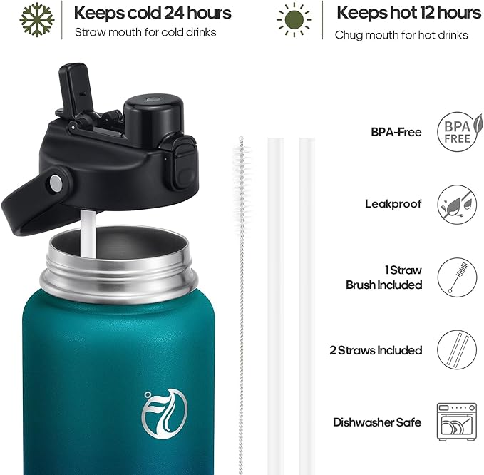 64oz Half Gallon Insulated Water Bottle with 2-in-1 Lid (Chug & Straw), Double Walled Vacuum Stainless Steel Water Bottles, Wide Mouth Leakproof Insulated Jug with Straw