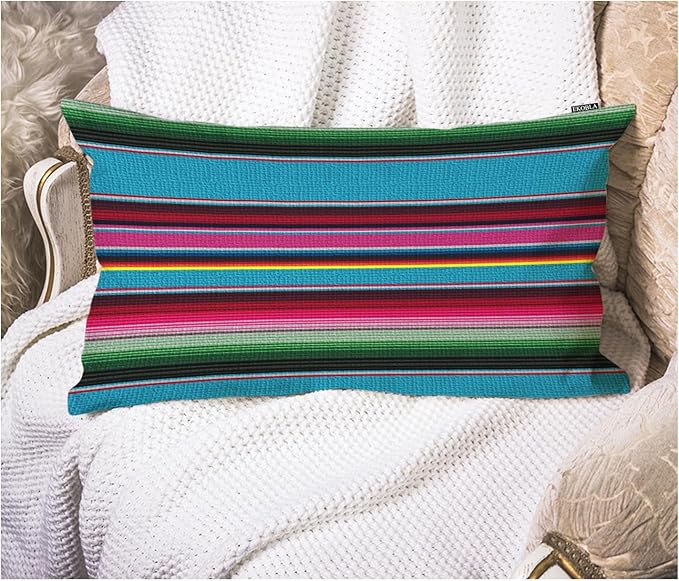 EKOBLA Decorative Lumber Cushion Case Mexican Stripes Pattern Ethnic Cinco De Mayo Rainbow Color Striped Home Decorative Waist Lumber Cotton Linen Pillowcases Oblong Rectangle Case