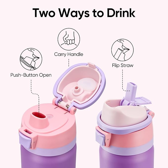 Fijinhom 24 oz Insulated Water Bottle with 2-in-1 Straw and Spout Lid, Stainless Steel Double Wall Vacuum Flask, Sports Water Bottle Keeps Cold 24H, Leak Proof for Gym, Outdoor, Travel (Purple)