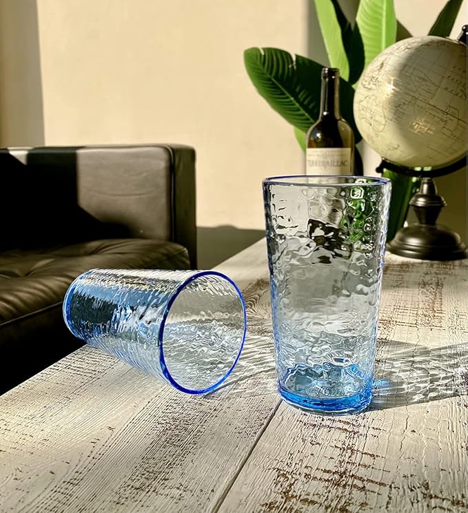 KLIFA- NICE- 20 ounce, Set of 6, Acrylic Highball Drinking Glasses, BPA-Free, Stackable Plastic Drinkware, Dishwasher Safe Cups, Blue