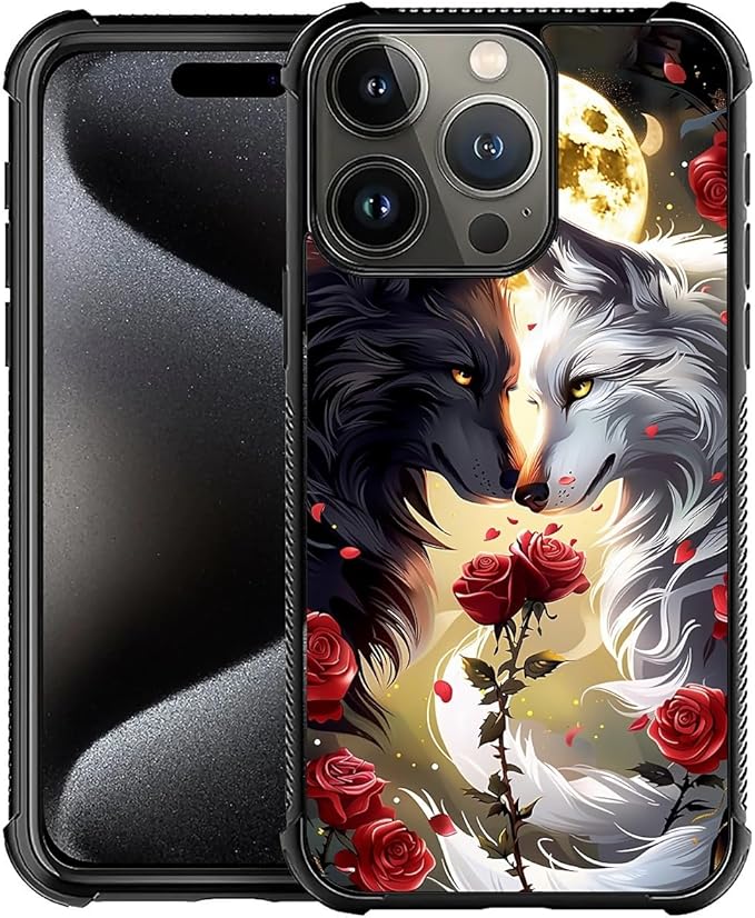 for iPhone 16 Pro Max Case, Black White Wolf Moon Flower Rose Pattern Graphic Design Girl Boy Soft Silicone Hard Acrylic Shock Protection for iPhone 16 Pro Max