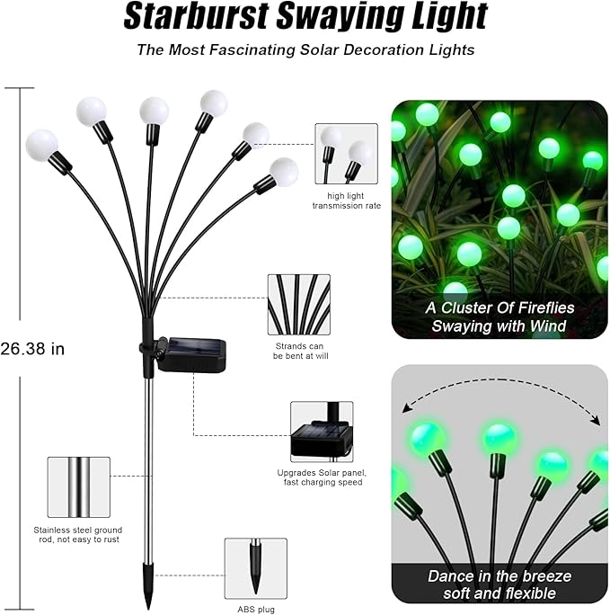 ZFNN Solar Firefly Light, Christmas Lights for Outside Decorations, 4 Pack 24 LED Green Solar Garden Lights, Outdoor Waterproof Garden Decor for Yard Patio Pathway Lawn Christmas