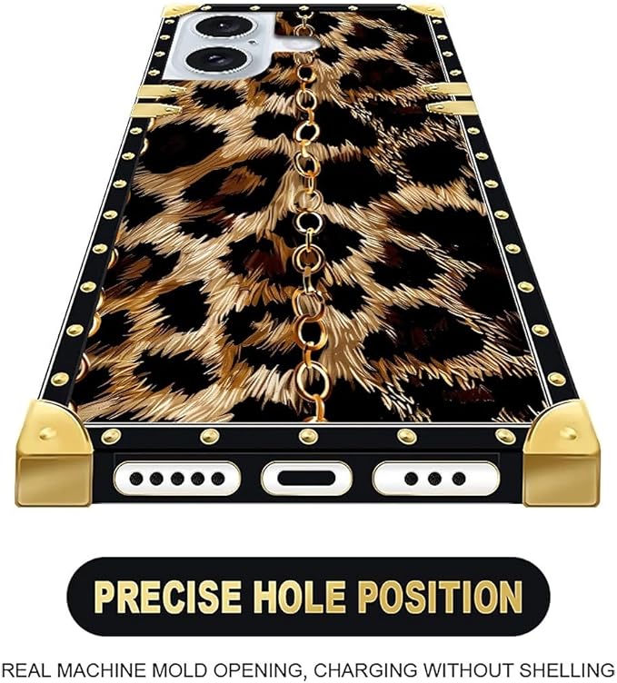 Compatible with iPhone 16 Case, Seamless Gold Chain Leopard Luxury Golden Decoration for Girl Women Soft TPU Shockproof Protective Hard PC Back