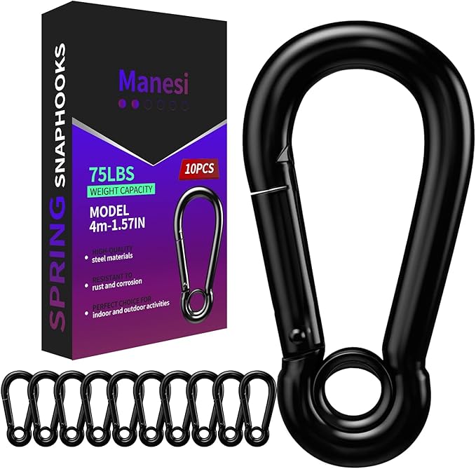 Spring Snap Hooks, Black Carabiner Clip, Heavy Duty Rope Connector, Quick Link Carabiners Spring Snap Hooks for Indoor & Outdoor, Camping, Fishing