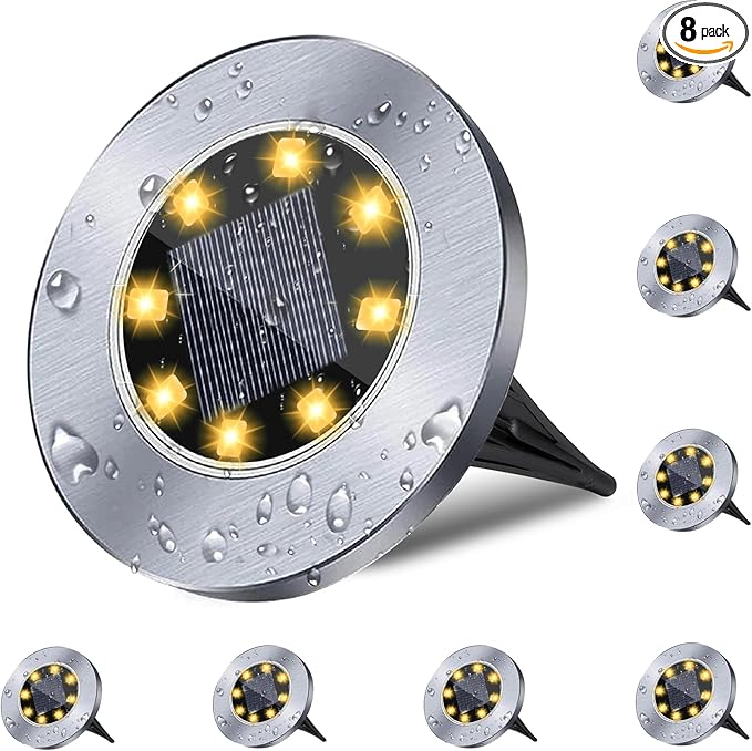 4.6 Inch Diameter Solar Ground Lights, Waterproof Solar Garden Lights, Outdoor Garden Waterproof Bright in-Ground Light, Landscape Lighting for Pathway,Yard,Lawn,Patio,Walkway (8 Pack Warm Light)