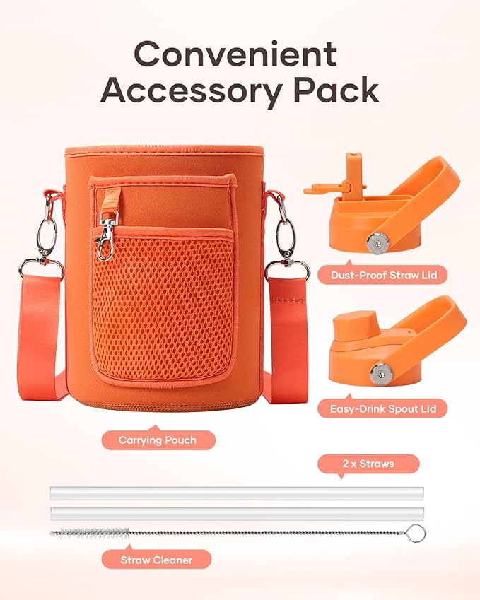 BUZIO 64oz Insulated Water Bottle, Stainless Steel Water Flask with Straw Lid and carrying pouch, Keep Cold 48h Leak Proof Double Wall Vacuum Travel Mug Metal Canteen for Gym Beach, Gradient Orange