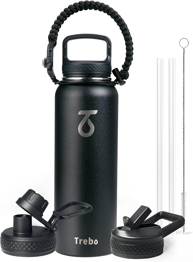 Trebo 40oz Water Bottle Insulated with Lid and Straw,Triple Wall Vacuum Stainless Steel Metal Tumbler Sports Flask with Paracord Handle, Keep Hot 24 Hours & Cold 48 Hours Water Jug with 3 Lids, Black