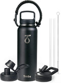 Trebo 40oz Water Bottle Insulated with Lid and Straw,Triple Wall Vacuum Stainless Steel Metal Tumbler Sports Flask with Paracord Handle, Keep Hot 24 Hours & Cold 48 Hours Water Jug with 3 Lids, Black