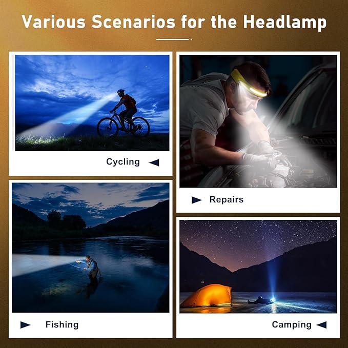 Headlamp Rechargeable LED (2-Pack, Yellow) 230° Wide Beam, USB-C Lightweight Head Lamp, Long Runtime, Water-Resistant for Camping, Hiking, Running, Fishing, Repair Work