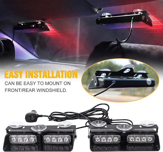 XRIDONSEN 2 in1 Dash Emergency Strobe Lights Interior Windshield Red Blue Warning Safety Flashing Police Lights Law Enforcement w/Suction Cups for Volunteer Vehicles, Trucks (2×7.16 inch, 16 LED)
