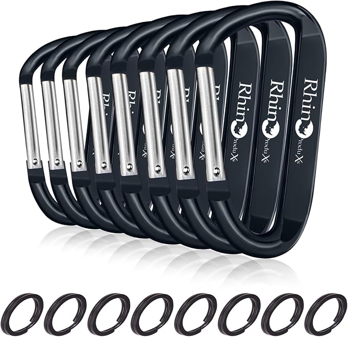 Rhino Produxs 8PCS of Lightweight Duty Snap Carabiner Clips, D Ring Shape Carabiner with 8PCS Keyring - Excellent for Outdoor, Camping, Hiking, Keychains, Water Bottle, Keychain Hook