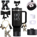 6pcs Black Stanley Cup Accessories Set, Bow Straw Topper for Stanley Cup 30oz 40oz, Including Straw Topper and Bow Silicone Boot, Stoppers Spill Proof, Handle Charm, Initials Sticker
