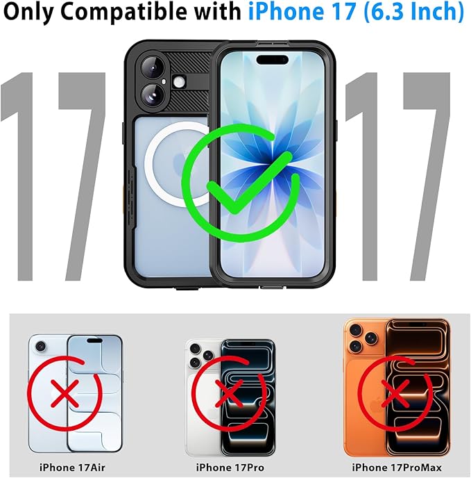 Waterproof Phone Case Compatible with iPhone 17, IP68 Waterproof Shockproof Dust-Proof Phone Case with Built in Screen Protector, Full Body Protective Case (Black, 17)