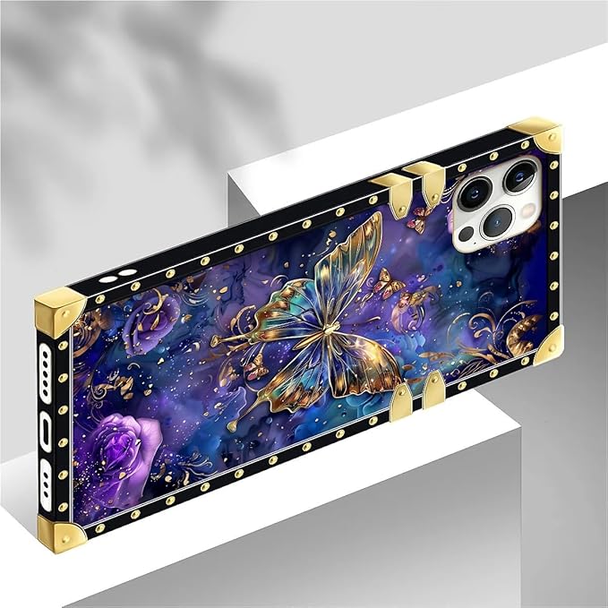 Compatible with iPhone 12 Case, Glistening Golden Butterfly Vibrant Purple Blue Luxury Golden Decoration for Girl Women Soft TPU Shockproof Protective Hard PC Back