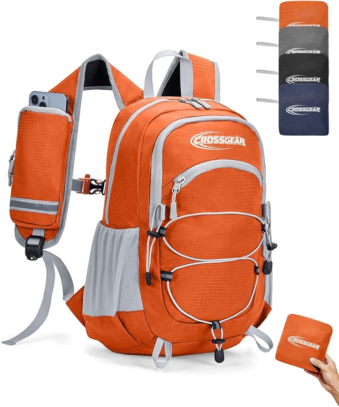 CROSSGEAR Packable Hiking Backpack, 24L Lightweight Foldable Daypack, RFID Secure Pocket, Nylon Fabric, Water Resistant Small Travel Hiking Daypack for Women Men, Orange
