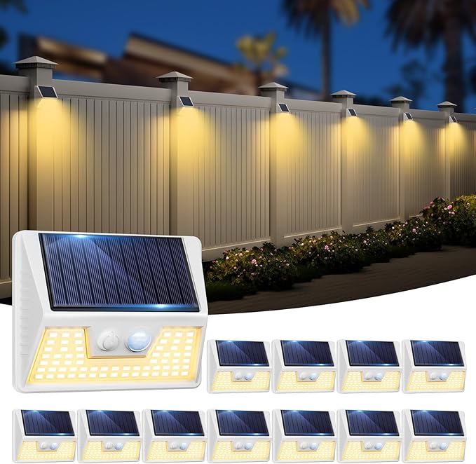 vighep 12Pack White Solar Lights Outdoor Motion Sensor, 3000K Warm Light/3 Lighting Modes, IP65 Waterproof Solar Powered Wall Lights Outside for Garden Fence Backyard Deck Driveway