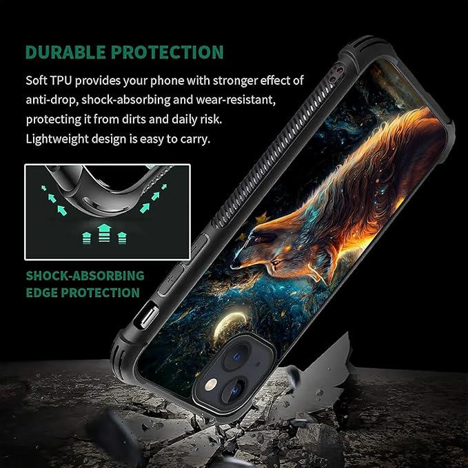 for iPhone 13 Case, Star Cave Hungry Wolf Pattern Graphic Design Girl Boy Soft Silicone Hard Acrylic Shock Protection for iPhone 13