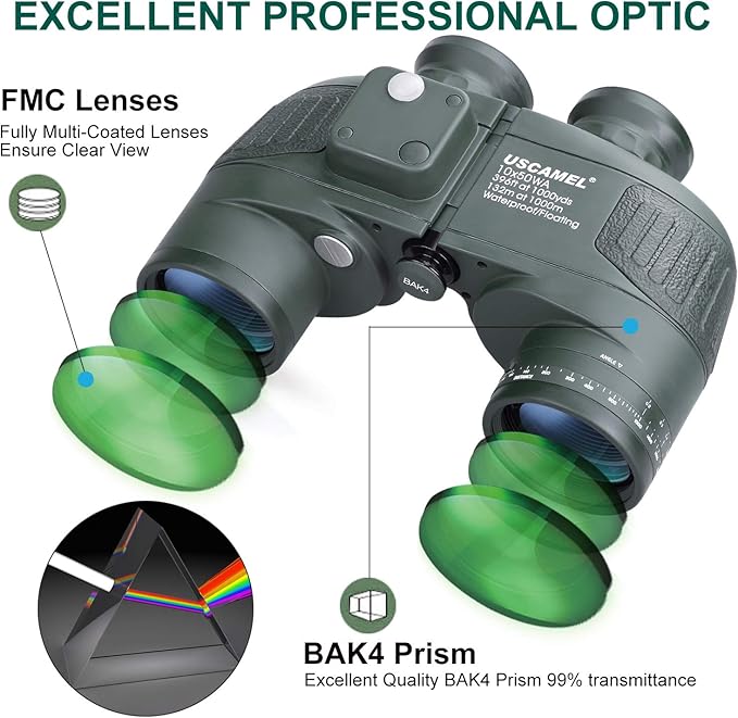 USCAMEL 10X50 Marine Binoculars for Adults with Rangefinder Compass, Waterproof Marine Binoculars for Sailing Boating Fishing