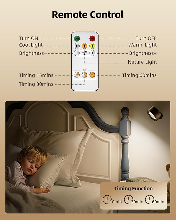 LED Wall Mounted Lights, Rechargeable Wall Sconce Lamps, 3 Color Temps & Remote and Touch, 360° Rotation Dimmable Cordless Wall Light for Study Bedroom Reading Bedside (Black, 2 Pack)