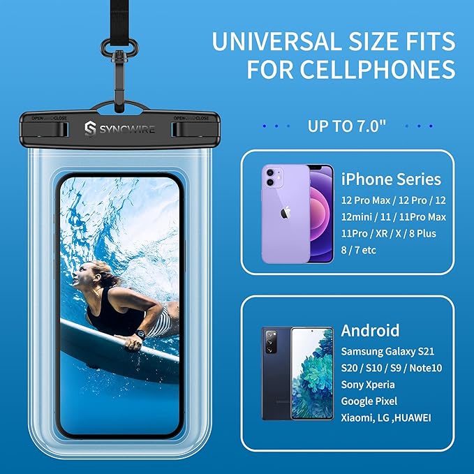 SYNCWIRE Waterproof Phone Pouch [2-Pack] - Universal IPX8 Waterproof Phone Case Dry Bag with Lanyard Compatible with iPhone 15/14/13/12/11 Pro XS MAX XR X Samsung S23 S22 S20+ and More Up to 7 Inches