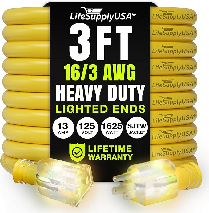 3ft Outdoor/Indoor Extension Cord 16/3 Gauge Heavy Duty 3 Prong SJTW, Waterproof, Flexible Cold-Resistant Long Power Cord,13A 125V 1625W, Yellow by LifeSupplyUSA