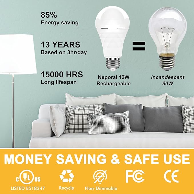 Neporal A19 Rechargeable Light Bulbs, Socket Rechargeable Emergency Light Bulb for Power Failure, 1200mAh Battery Backup Light Bulbs for Home, Hurricane, Led Bulb 60 Watt Equiv. (Daylight-2 PK)