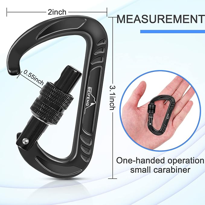 BEIFENG Heavy Duty Lightweight Locking Carabiner Clips D Ring for Camping Hiking Outdoor Gym etc, Carabiner with Lock Small Carabiners for Dog Leash & Harness
